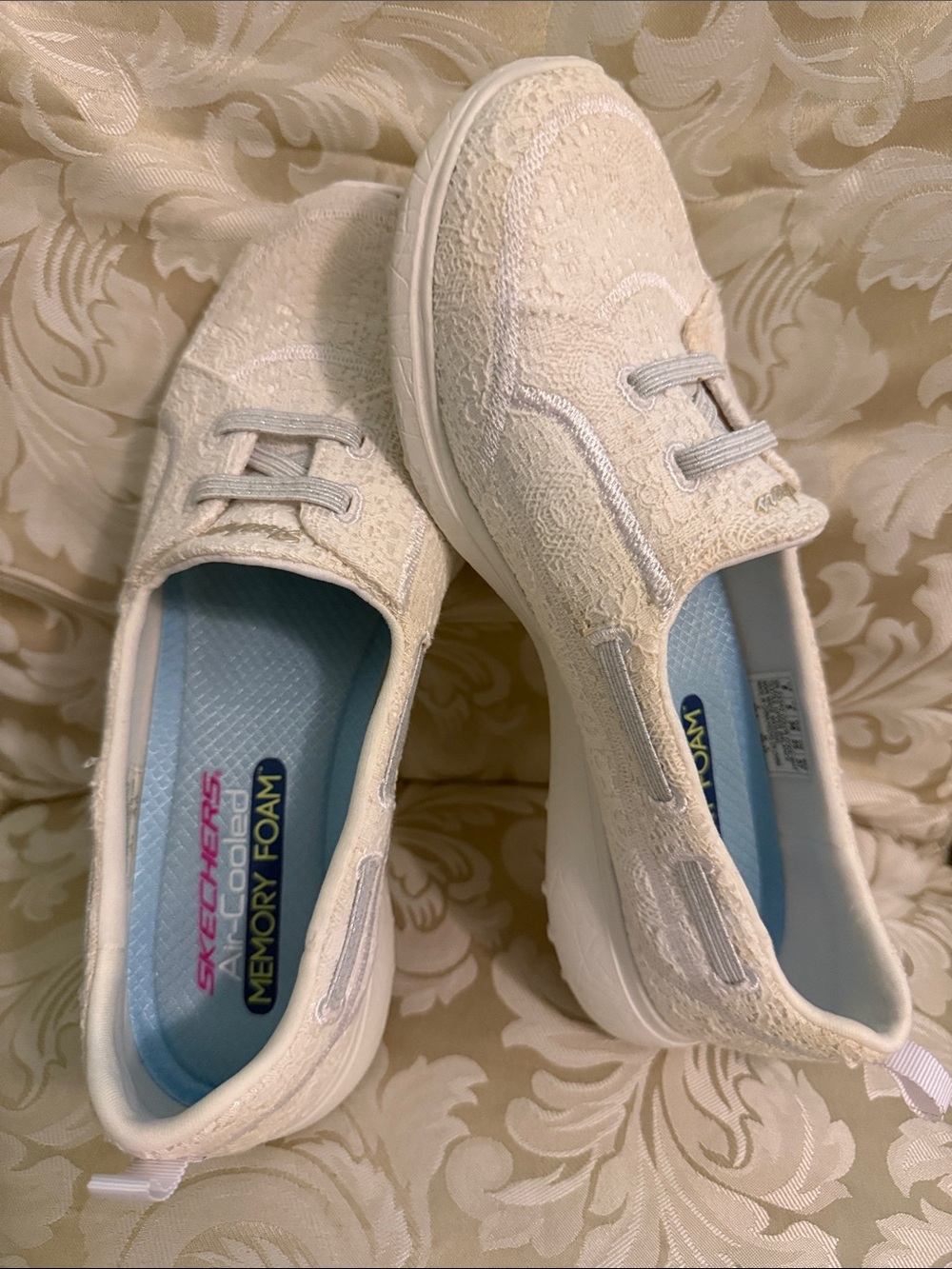 Skechers Women’s Cream Lace-Textured Memory Foam Slip-Ons